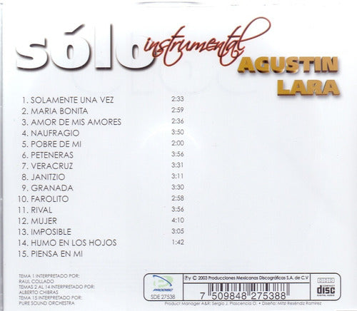 Agustin Lara Solo Instrumental Disco Cd