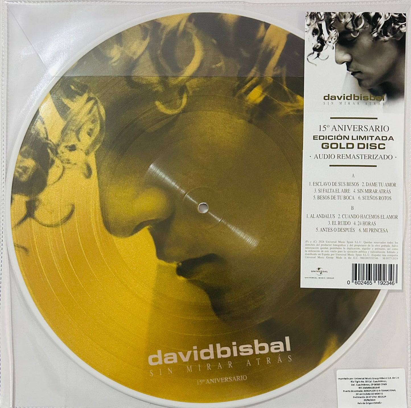 David Bisbal Sin Mirar Atras 15th Aniversario Gold Picture Lp Vinyl